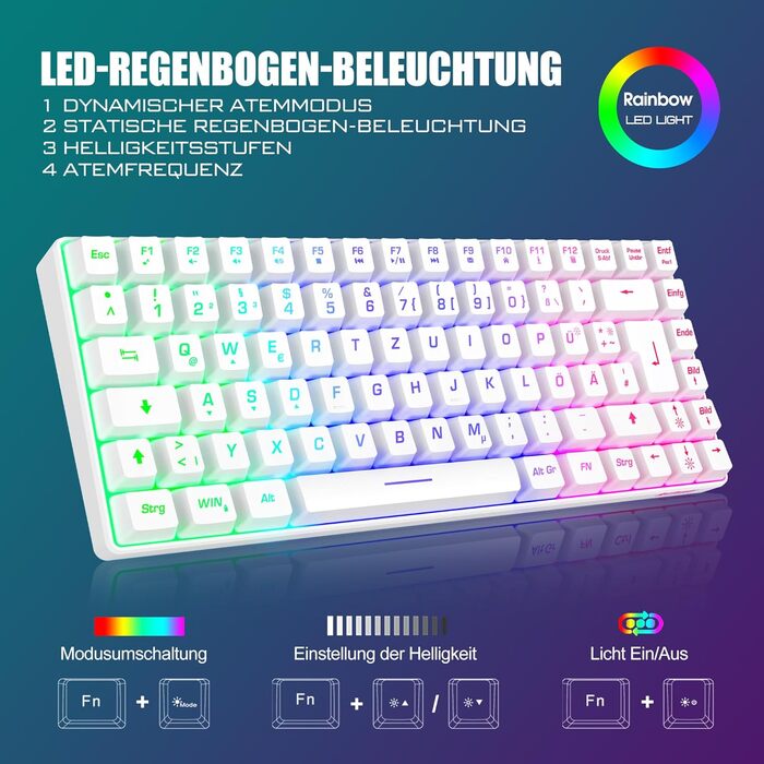 RedThunder Бездротовий Ігровий Набір Клавіатури та Миші, DE TKL Розкладка, 85 Клавіш, Перезаряджувана, Компактна, 7200DPI, для PC, Mac, PS5, Xbox (Біло-Чорний)