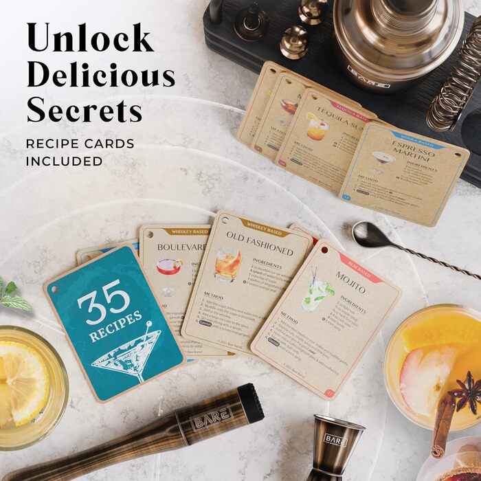 Набір бармена BARE BARREL®: 14 предметів для приготування коктейлів, шейкер Schuster (680 мл), аксесуари для бару, 35 рецептів, подарунковий набір
