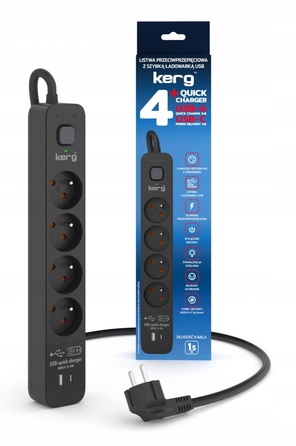 Мережевий фільтр Kerg, 4 розетки, USB-C та USB-A, чорний, 1.5 м, 3680 Вт