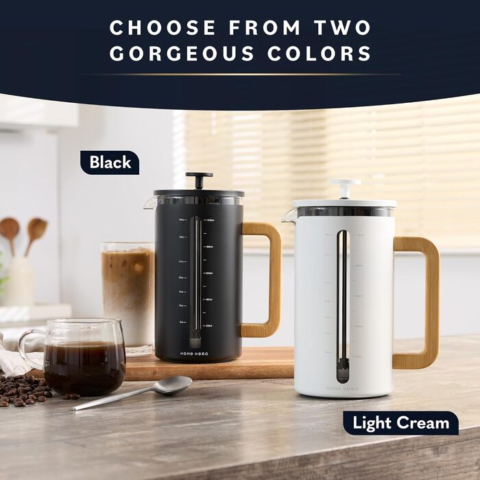 Френч-прес для кави Home Hero – 963.9 г, з бамбуковим руків'ям, скло Borosilikat, нержавіюча сталь, 4-шаровий фільтр, чорний