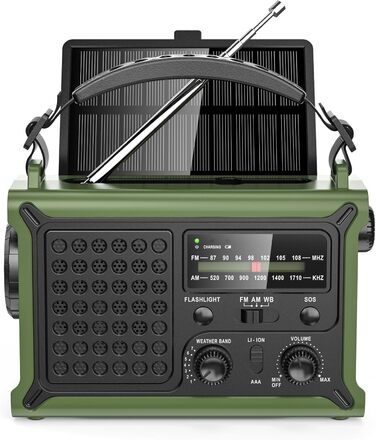 Радіоприймач Minorz 12000mAh з ручним генератором, сонячною панеллю, AM/FM, SOS, ліхтариком, IPX6, для кемпінгу та надзвичайних ситуацій, зелений