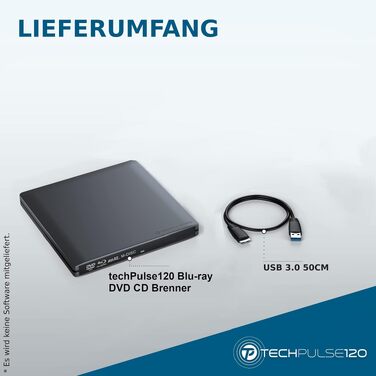 Зовнішній Blu-ray привід techPulse120 USB 3.0 3D Burner M-Disc BDXL Superdrive для PC, Notebook, MacBook, Windows, MacOS, сріблястий (Alu Grau)