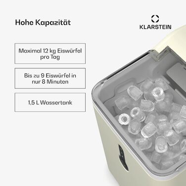 Машина для приготування льоду Klarstein Eiswürfelmaschine - 12 кг/24 год, 8 хв цикл, резервуар 1,5 л, LED-дисплеї, портативна Chill Out, прозорий кришка, лопатка в комплекті, для вечірок, кремовий колір