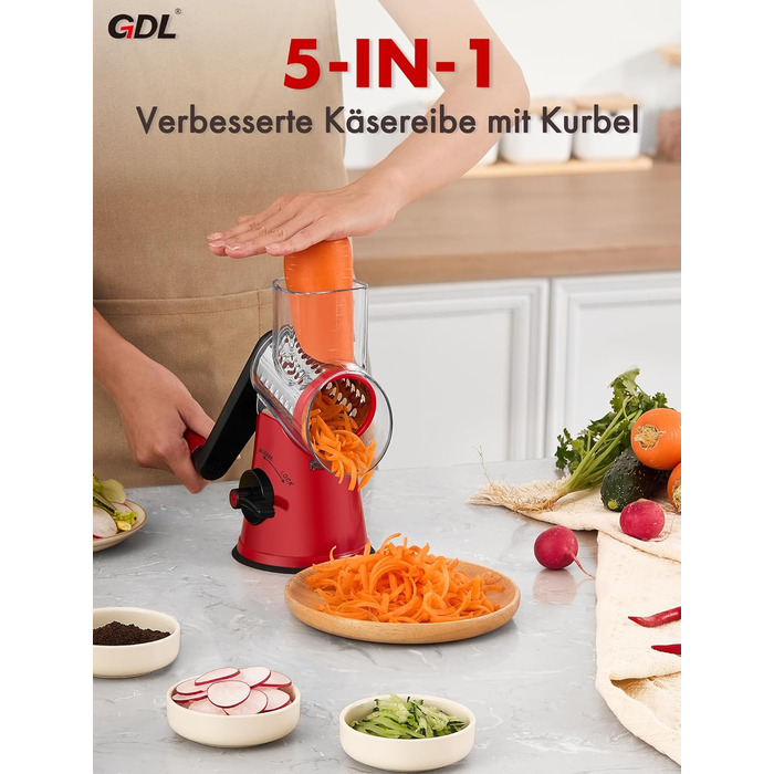 Тертка для сиру GDL з ручкою, оновлена терка для овочів з 5 дисками, терка-нарізач для овочів, зручна та швидка, терка для сиру, морозива, горіхів, огірків, моркви (червона)