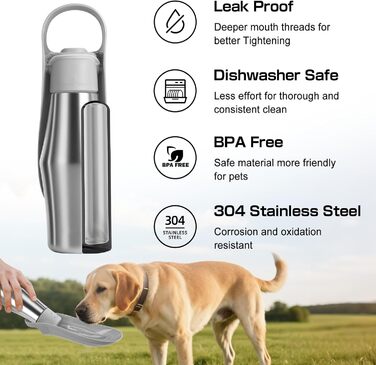 Водяна пляшка для собак на прогулянці 750 мл - витоки неможливі, нержавіюча сталь, подвійні стінки, ізольована, сірий колір