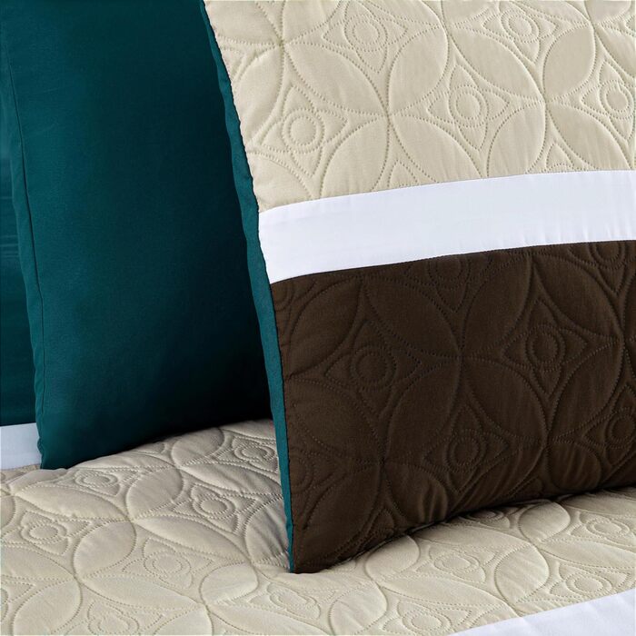 Комплект постільної білизни Chezmoi Collection Upland 7-piece, Patchwork Design, розмір King (Oversized), блакитно-зелений/бежевий/коричневий