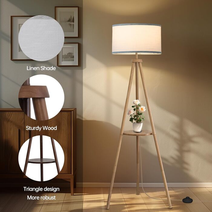 Стельова лампа на тренозі з полицею, з пульт керування, 3 колірні температури, для вітальні, спальні, офісу, бежевий абажур, стиль бері, декор