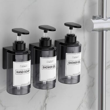 Набір дозатора мила для стін 4er, 300 мл, сірий. Дозатор мила без свердління, набір з 12 етикеток для душу/кухні/ванної кімнати
