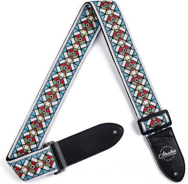 Гітарний ремінь Amumu з бавовни з вишивкою троянд та шкіряними кінцями для бас-, електро- та акустичної гітари, з фіксатором для голівки та блоками для ременя (Білий)