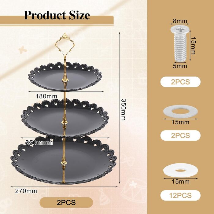 Трирівнева підставка для капкейків, десертів, фруктів, печива, цукерок. Підставка для сервірування на вечірку, весілля, день народження, дитячий свято (пластик, чорний та білий)