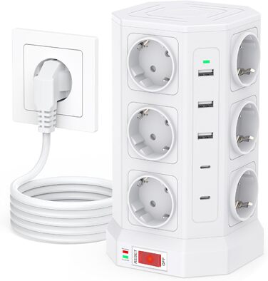 Блок розеток із захистом від перенапруги (3680W/16A), 12 розеток з 5 USB, мережевий фільтр з вимикачем, 1,5м кабель, захист 1050J, для дому/офісу, білий