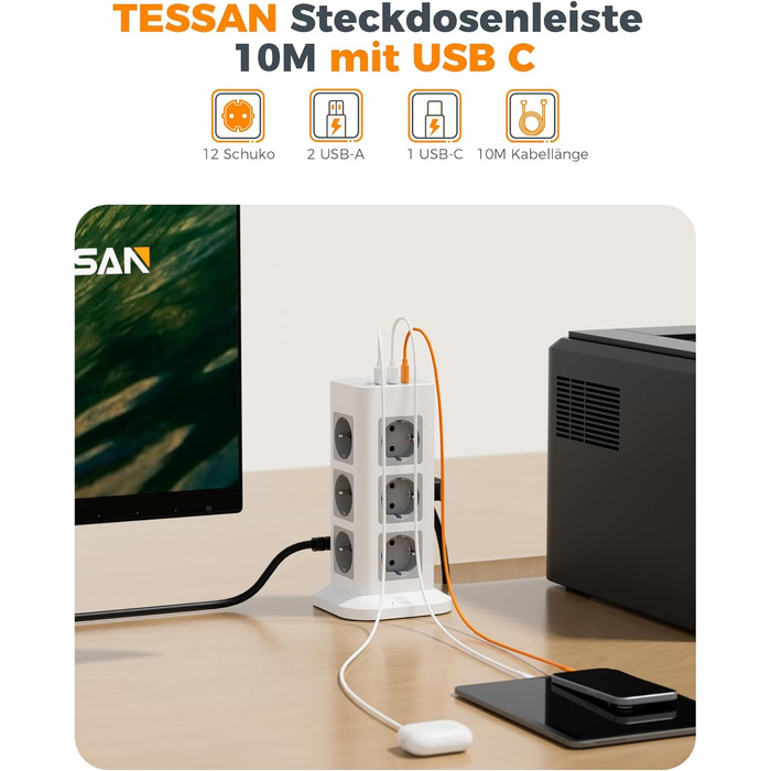 Блок живлення TESSAN з захистом від перенапруги, 3600W, 16A, 12 розеток, 2 USB-A, 1 USB-C, 2м кабель, сірий
