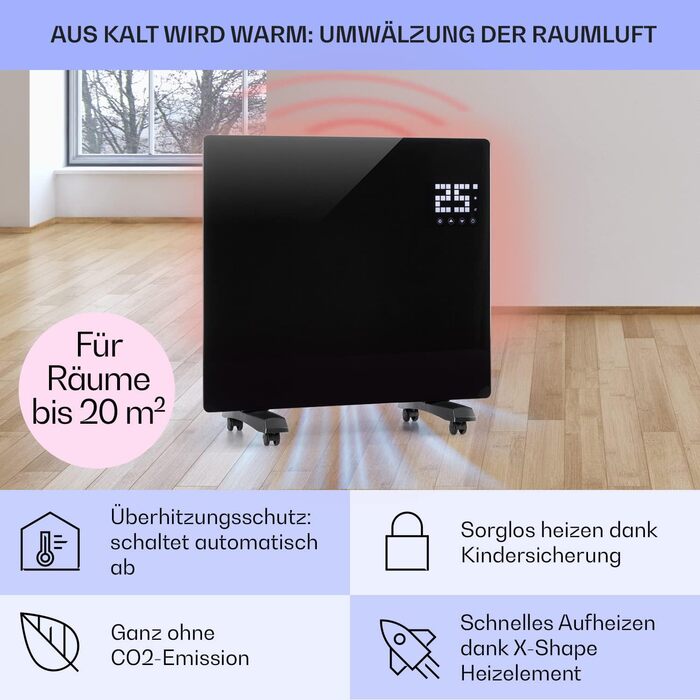 Klarstein Electric Heater, Convector Heater with Casters, Mobile Electric Heater Energy-Saving, Slim, Quiet Electric Heater, Standalone Electric Radiator with Thermostat, 2000 W Black Bornholm