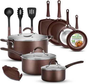 Nutrichef Frying Pans & Induction Cookware Set, 14-Piece Frying Pan Set & Pot Set Induction, Pots & Pans with Cool-Touch Handles PFOA/PFOS-free – Non-Stick – Aluminum with Stainless Steel Edges – Oven-Safe Brown