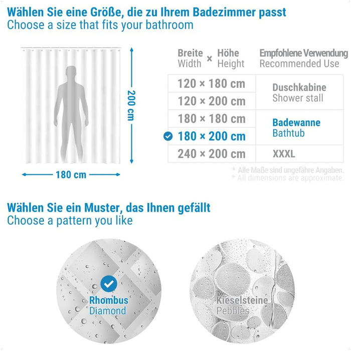 Шторка для душу Ecooe 3D ромби, прозора, 180x200 см, EVA-матеріал, водонепроникна, антигрибкова, з 12 кільцями