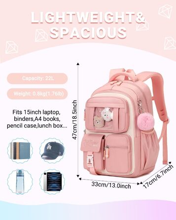 Дитячий рюкзак для школи DivingBirds, 2-7 клас, 22L, рожевий | Зручне дихаюче спинне відділення та м'які лямки | Рюкзак для дівчинки