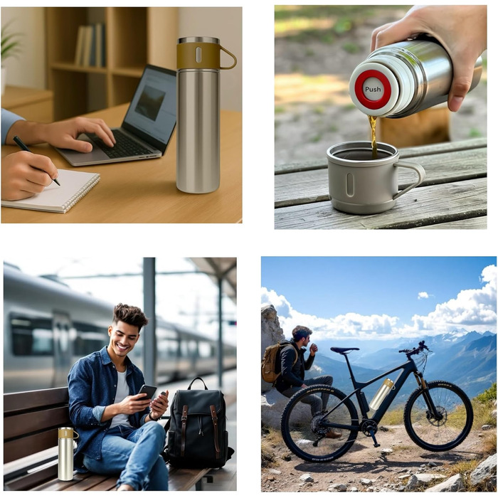 Термос 500 мл з нержавіючої сталі – 2 чашки з ручками – без витоку, BPA-free – з щіткою для чищення – колір: сріблястий