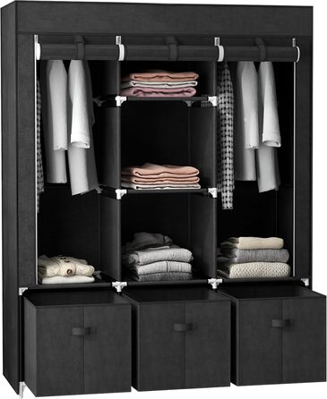 HOMCOM Fabric Wardrobe, Foldable Clothes Closet with Clothes Rod & Drawers, Folding Closet with Zipper, Fabric Closet for Bedroom, Black, 125 x 43 x 162.5