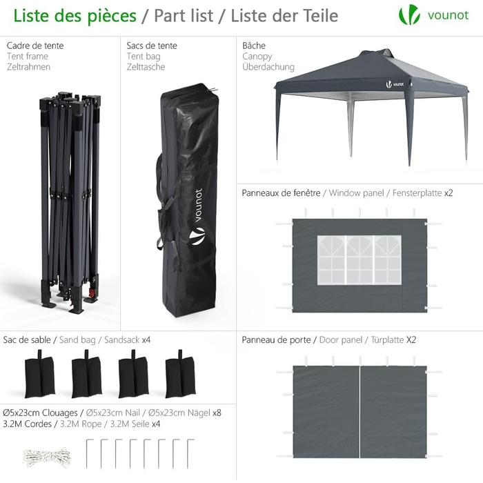 VOUNOT® 3x3m (approximately 10x10ft) Gazebo - Waterproof, Stable, Winter-Resistant, Pop-Up Folding Gazebo with 4 Side Walls and 3 Sandbags, Foldable Party Tent, Garden Tent, Garden Gazebo including Bag, Green (pop up gazebo grey)