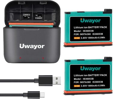 Запасний акумулятор Uwayor для Insta360 X3, 3-канальне USB-зарядне пристрій, сумісний з камерою Insta360 One X3