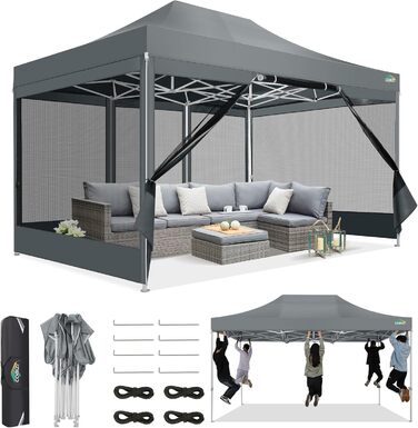 COBIZI Pavilion 3x3m Foldable, Waterproof & Winterproof – Stable Garden Tent with 23mm Steel Pipe, UV50+ and Mosquito Nets for Camping/Parties + Carry Bag (Gray, 3mx4.5m)