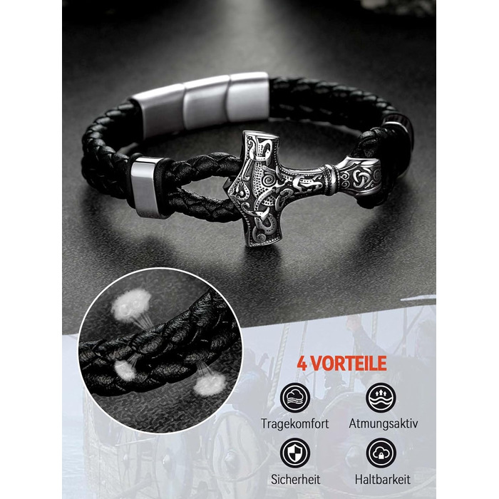 Браслет вікінга Thor's Hammer FaithHeart для чоловіків, плетіний шкіряний браслет з подарунковою коробкою, 21 см, сріблястий молот Тора