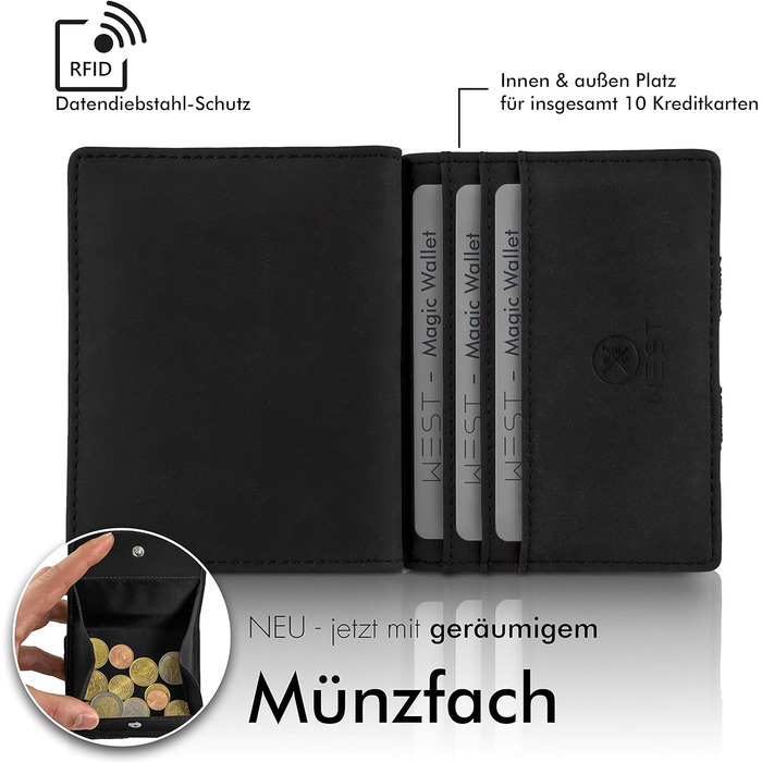 WEST - Magic Wallet (Classic) with large coin pocket - including elegant gift box - Wallet with coin pocket - The perfect companion for on the go - RFID protection (Black)