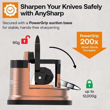 AnySharp Pro металевий точильник для ножів з фіксацією PowerGrip, універсальний для всіх кухонних ножів (зубчасті, з гартованої сталі), найкраща якість, мідний метал