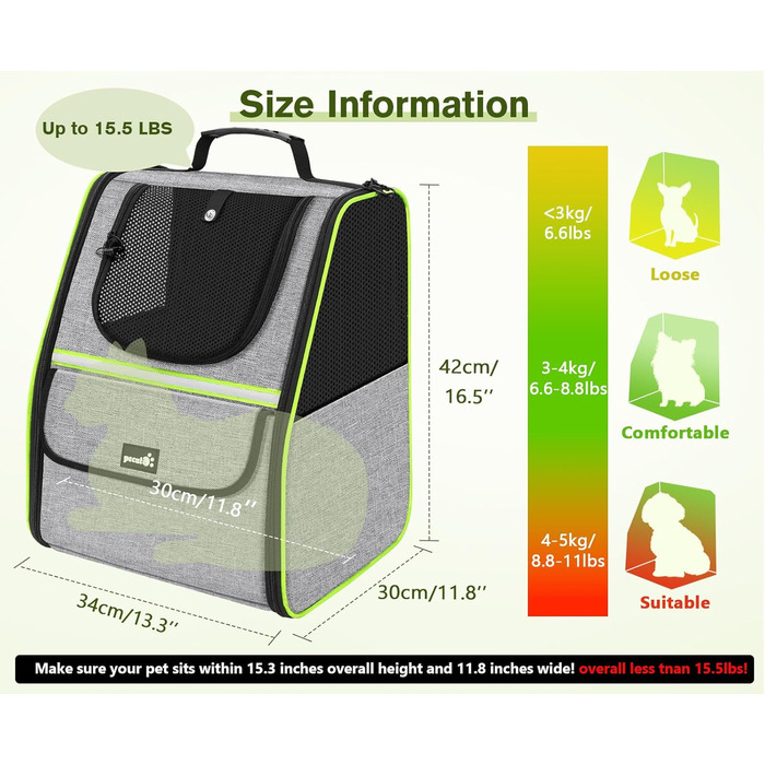 Рюкзак для кота Pecute з сітчастим вікном, переноска для тварин, дихаючий та легкий, сірий, до 6 кг