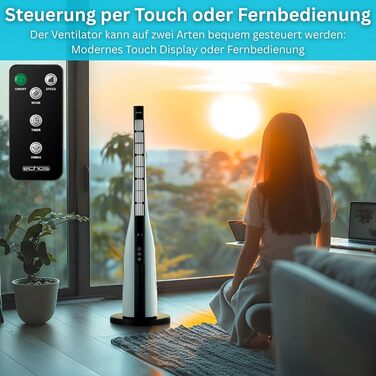 Вентилятор вежовий Echos Turmventilator з пультом, 3 режими, LED-дисплей, 90 см - для спальні та офісу