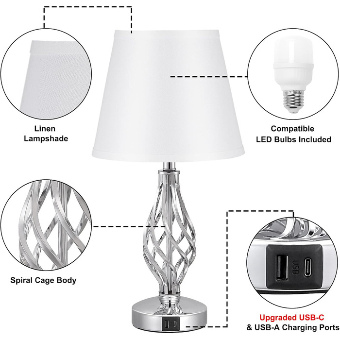 Настільна лампа Kakanuo 2 шт. з USB-портами (A+C), регульоване освітлення, сірий абажур, LED, для спальні, вітальні, офісу