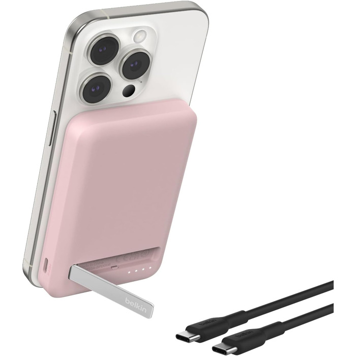 Powerbank Belkin BoostCharge Pro 10000mAh з Qi2 та MagSafe, рожевий, з інтегрованим підставкою, для iPhone 17, Air, 16, 15, 14, Pixel та інших