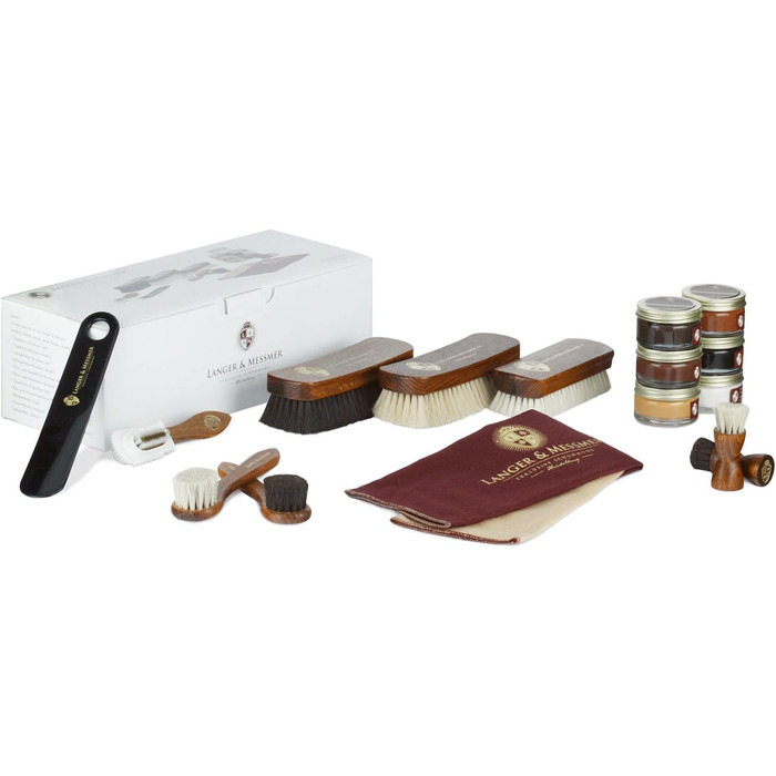 Langer & Messmer Shoe Care Set including high-quality leather care creams and horsehair brushes for effective care of your smooth leather shoes - The shoe care set for professional shoe care.