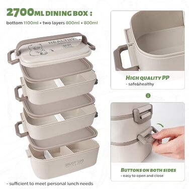 Бенто-бокс 2700 мл, 3-рівневий з виделкою та ложкою, 4-в-1 – контейнер для їжі, ланчбокс для чоловіків, жінок, студентів, мікрохвильовий та мийка в посудомийній машині (Хакі, Бежевий)