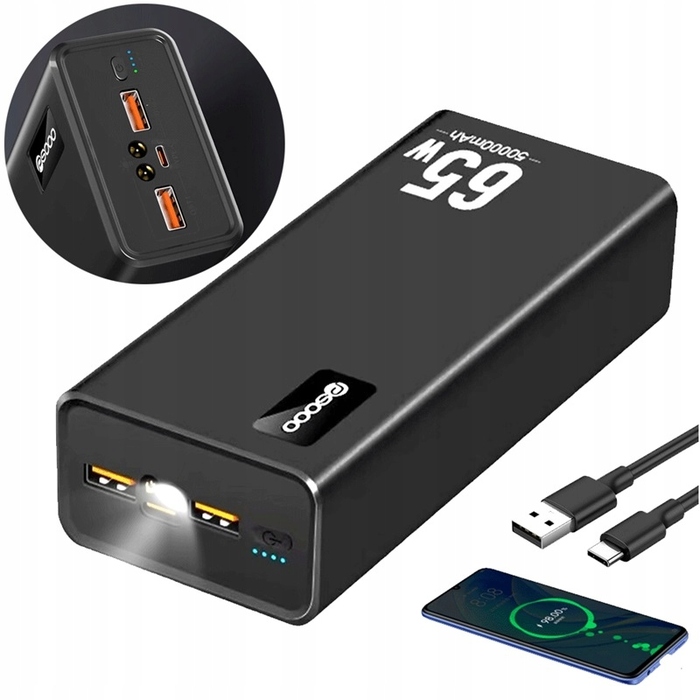Потужний павербанк 50 000 mAh, чорний, з 4 USB-портами та швидкою зарядкою