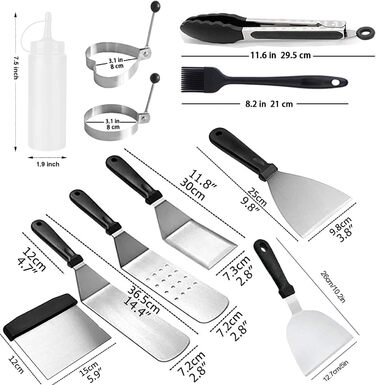 Набір з 12 штук шпателів для гриля AMZMUKAUP, інструмент для барбекю з нержавіючої сталі з сумкою, ідеальний для гриля на відкритому повітрі, Дня батька, Дня народження, Різдва, тепаньякі та кемпінгу