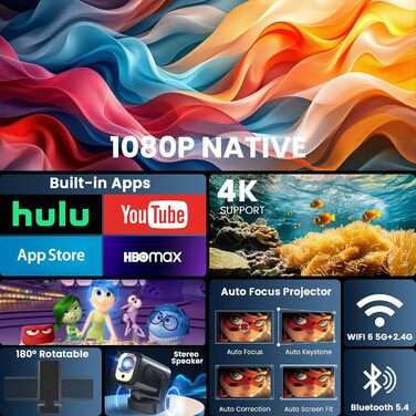 Портативний проєктор Beamer 4K з автофокусом, WiFi 6, Bluetooth 5.4 та інтегрованими додатками (2026 модель). Підтримка HDMI, TV Stick, Memory Stick, Laptop. Чорний