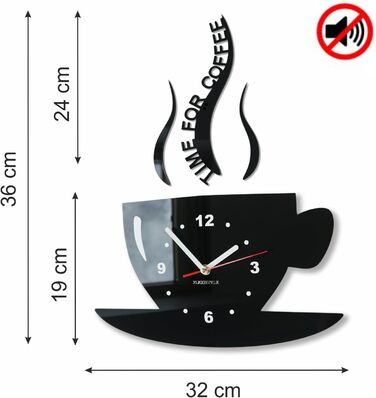 FLEXISTYLE Coffee Time Mug Wall Clock, Modern Kitchen, 3D Roman Numerals, Wall Clock Décor, 32 x 19 cm (32 x 19 cm, Lemon Yellow)