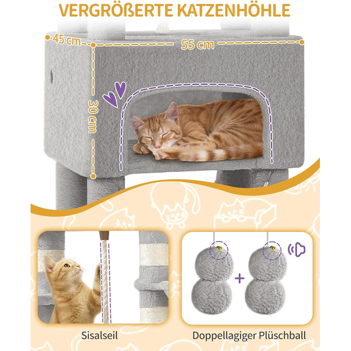 Кігтеточка для котів Hzuaneri, 176 см, XL, 3 платформи, 2 печери, 7 стовпчиків, гамак, плюшеві кульки, для багатокотових домівок, MS17618SG (Світло-сірий)