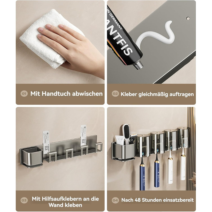 UUE Toothbrush Holder, 4 Compartments Toothbrush Holder Electric Toothbrush Holder for Toothbrushes and Rinse Cups, Stainless Steel Toothbrush Holder with 4 Cups, No Drilling, Self-Adhesive, for Bathroom