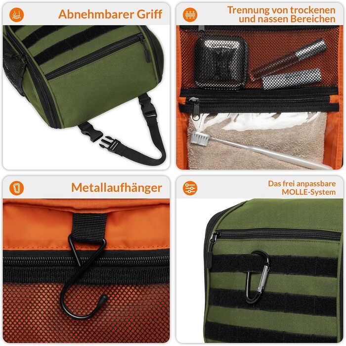 Чоловіча та жіноча дорожня косметичка Kulturbeutel Reise, водонепроникна, з гачком для підвішування, 7 відділень для кемпінгу та подорожей (зелена)