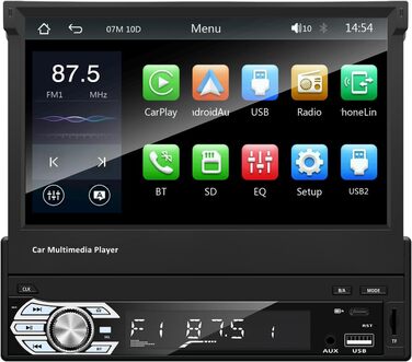 EZoneTronics 7-дюймове 1DIN автомагнітола з CarPlay/Android Auto, сенсорний екран, Bluetooth, підтримка SWC, Mirror Link, еквалайзер, FM/RDS, USB Type-C, AUX, TF-карта, камера заднього виду CW0013