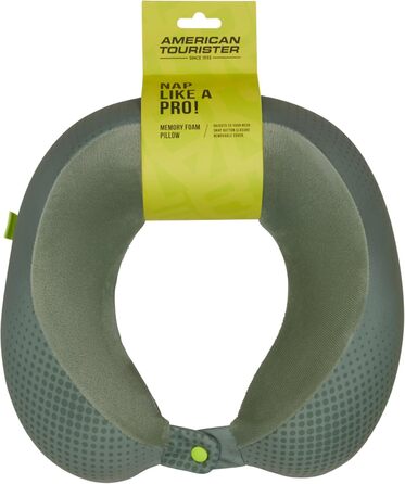 Подушка для шиї American Tourister з Memory Foam, ергономічна та комфортна для подорожей (літак, авто, поїзд), 30 см, чорний/сірий (оливковий/лайм)
