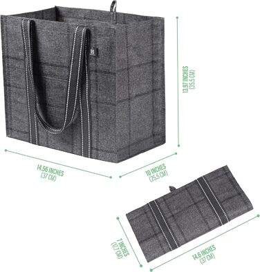 VENO 34 Liter Large Shopping Bag Foldable with Sturdy Bottom and Front Pocket, Reusable Shopping Bags Water-Resistant Shopping Basket for Shopping Picnic (Black Windowpane, 4-Pack)