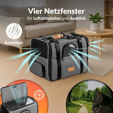 Транспортна переноска для котів до 20 кг, складна, з сонце- та дощовим дахом, плечовим ременем, мискою, дихаюча, комфортна, з обертовим матрацом, сіра