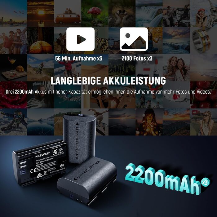 NEEWER LP-E6NH Запасний акумулятор та зарядний пристрій USB, 3 шт. 2250mAh для Canon EOS R7 R5 R6 R6 II R, 5DIV, 6DII, 7DII, 80D, 90D