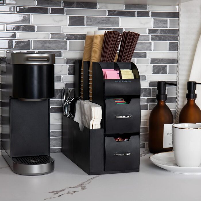 Mind Reader Anchor Collection 11 Compartments for Coffee Cups and Spices, with 2 Drawers, Plastic Rubber, Black, 1 Pack