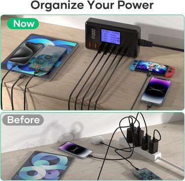 Зарядний пристрій GaN 200W, 8 портів: 4x USB-C PD 30W, 4x USB-A QC 18W - для iPhone 15/14/13 Pro Max, iPad, Samsung S24/S23. Швидка зарядка, адаптер живлення, чорний