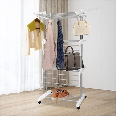 Foldable stainless steel clothes rack with wheels, portable, for indoor and outdoor use, white/gray