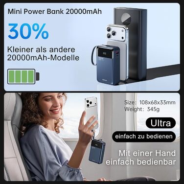 Power Bank Hichain 65W 20000mAh USB-C з кабелем, LED-дисплей, для MacBook, iPhone, Samsung, iPad, планшетів - Синій